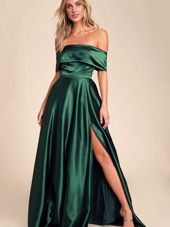 Lulus Dresses & Skirts - Lulu's Greatest Hits Forest Green Satin Off-the-Shoulder Maxi Dress (2/6)